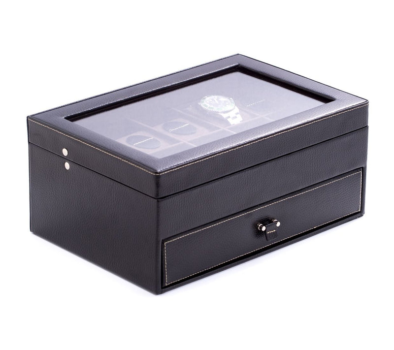 Black Pebbled Leather 10-Watch Case with GlassTop — View 3