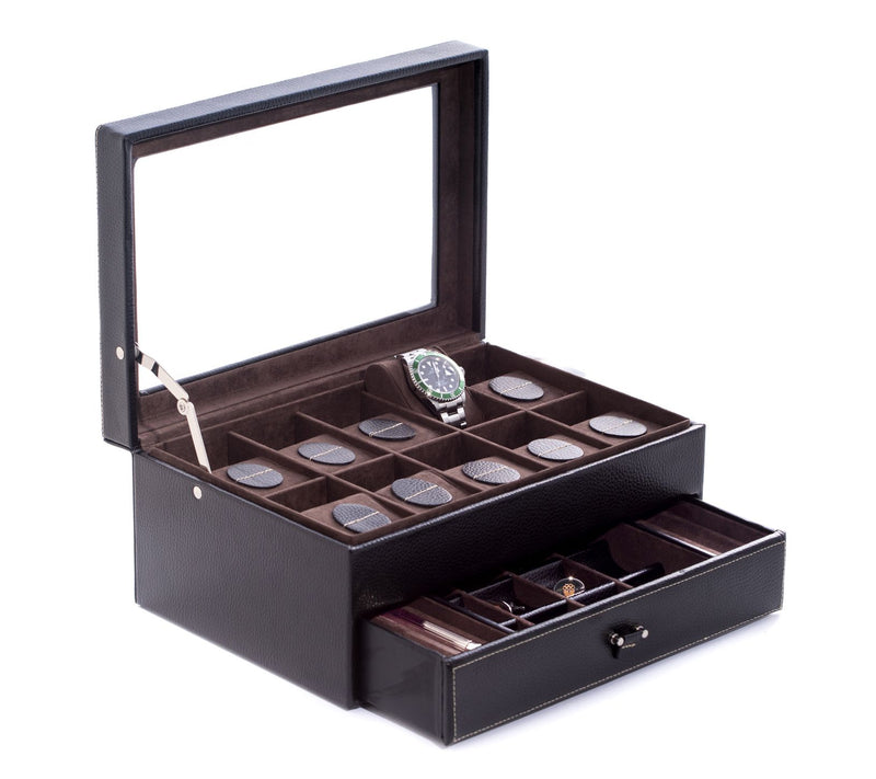 Black Pebbled Leather 10-Watch Case with GlassTop — View 2