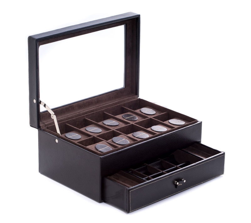 Black Pebbled Leather 10-Watch Case with GlassTop — Main view