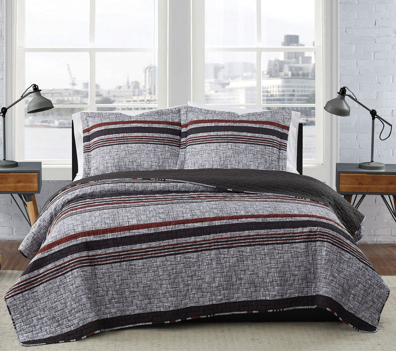 London Fog Warren Stripe King 3-Piece Quilt Set — Main view