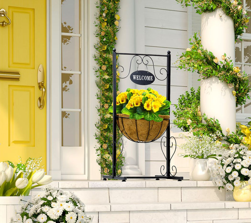 Sorbus Welcome Planter Basket Stand -  Black Metal — View 4