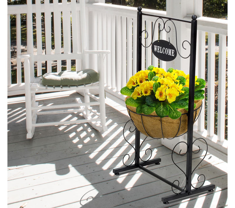 Sorbus Welcome Planter Basket Stand -  Black Metal — View 2