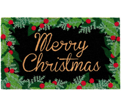 Lush Decor Nat ura Merry Chris tmas Holly Mat Black 18" x 30"