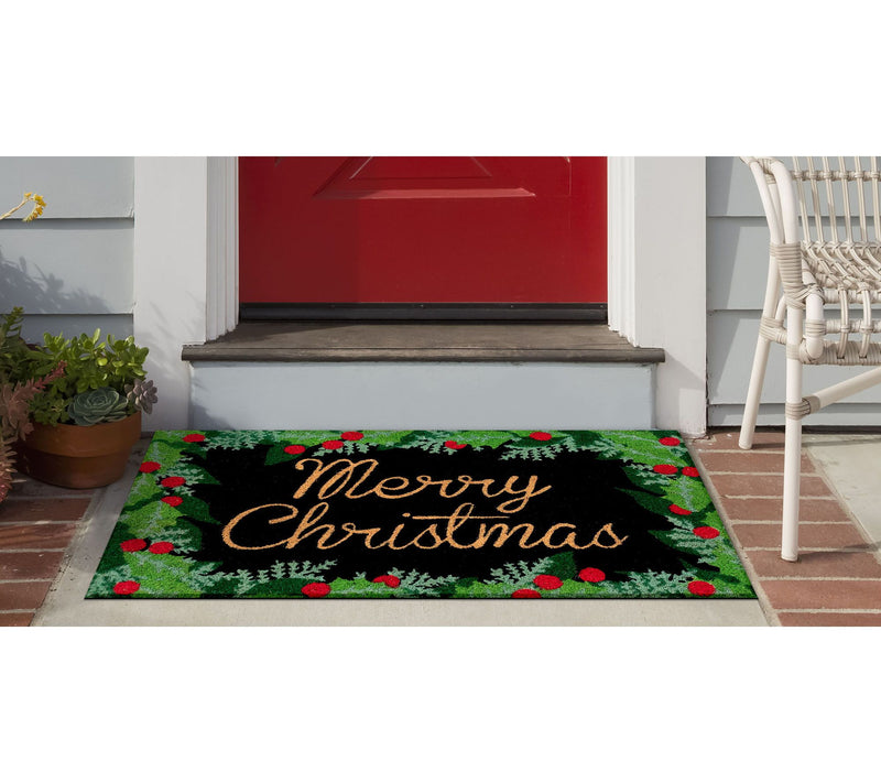 Lush Decor Nat ura Merry Chris tmas Holly Mat Black 18" x 30" — View 2