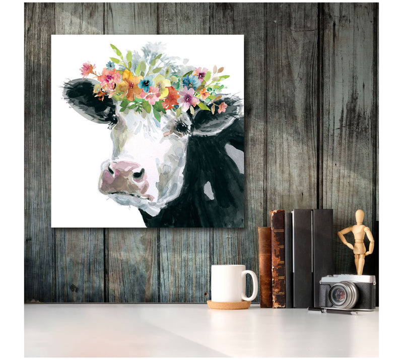 Courtside Market Flower Crown Cow 16x16 CanvasWall Art — View 2
