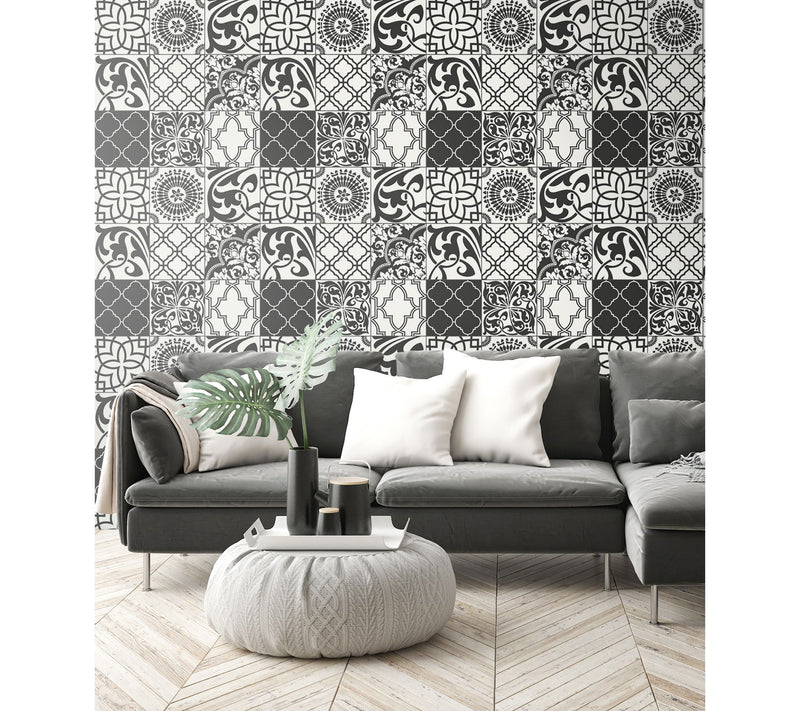 NextWall Black Graphic Tile Peel and Stick Wallpaper Roll — View 3