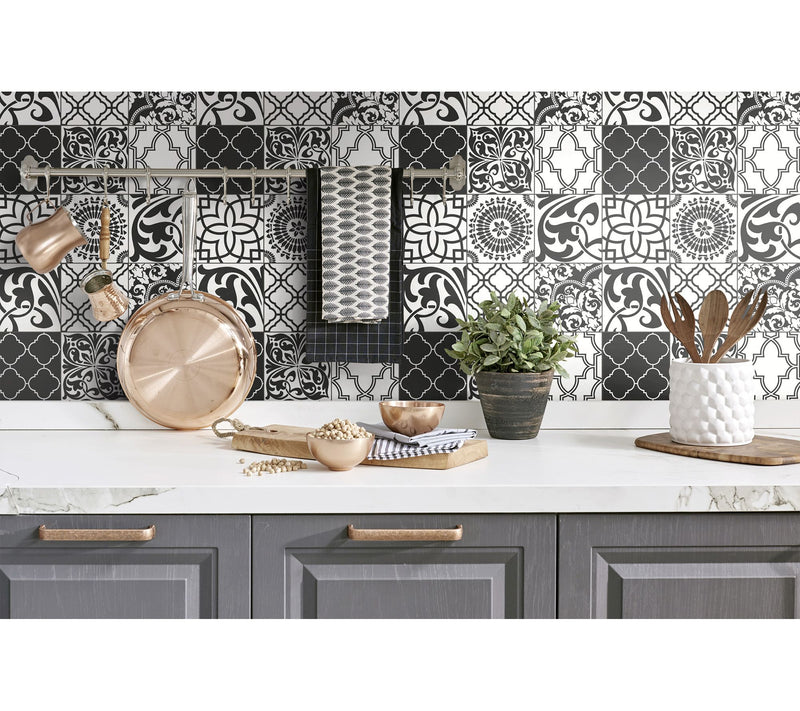 NextWall Black Graphic Tile Peel and Stick Wallpaper Roll — View 4