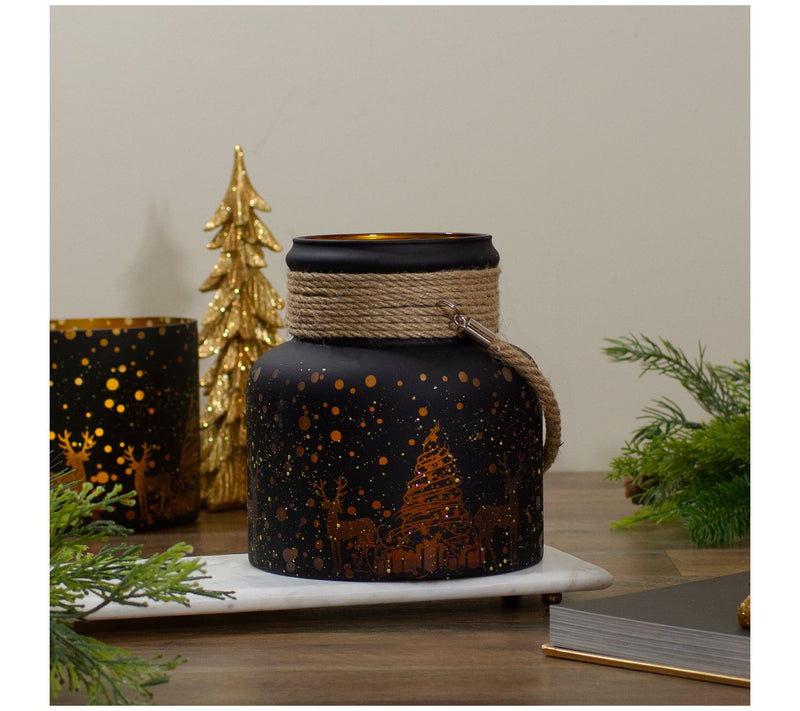 Northlight 8" Gold Deer & Pine Trees Glass Candle Lantern — View 7