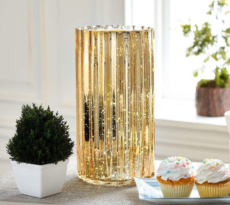 12" Oversized Illuminated Fluted Mercury Glass Hurricane by Valerie — View 3