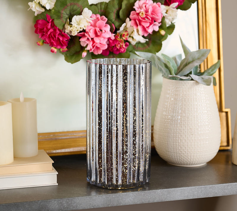 12" Oversized Illuminated Fluted Mercury Glass Hurricane by Valerie — View 12