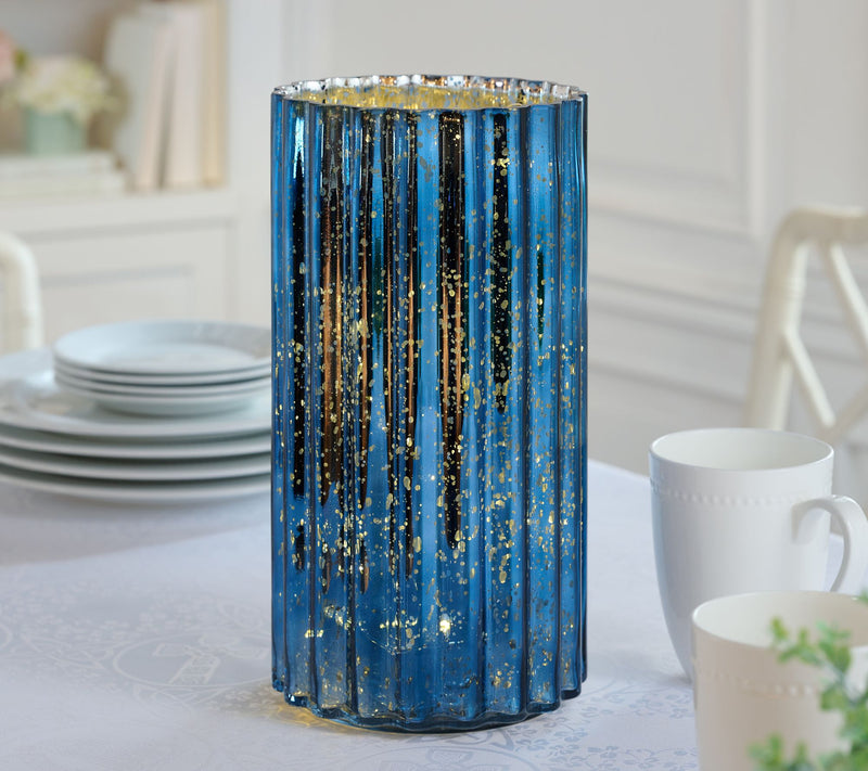 12" Oversized Illuminated Fluted Mercury Glass Hurricane by Valerie — View 37