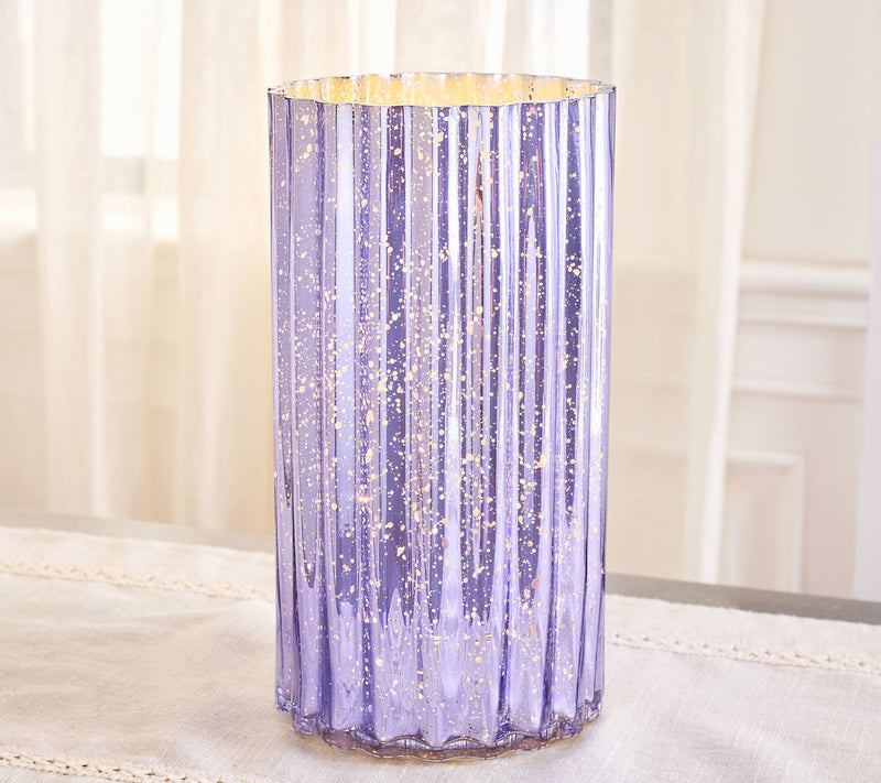 12" Oversized Illuminated Fluted Mercury Glass Hurricane by Valerie — View 24