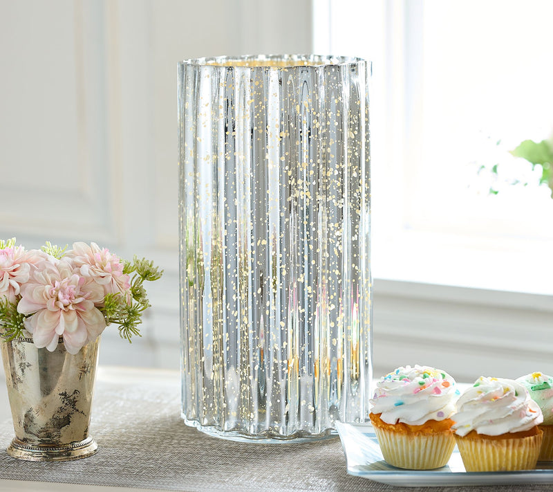 12" Oversized Illuminated Fluted Mercury Glass Hurricane by Valerie — View 18
