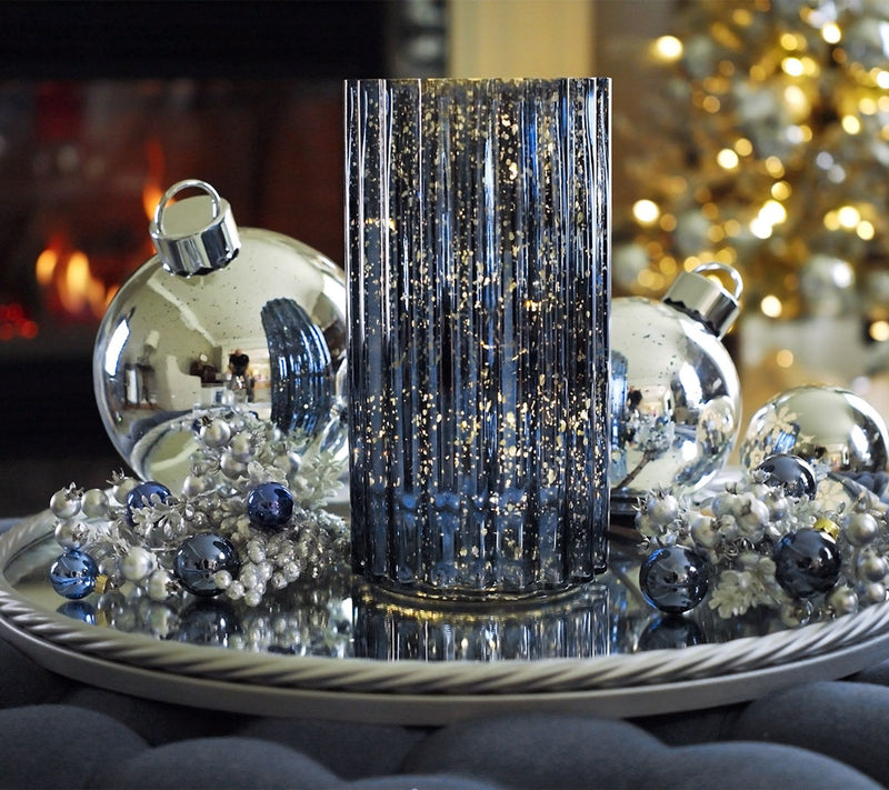 12" Oversized Illuminated Fluted Mercury Glass Hurricane by Valerie — View 35
