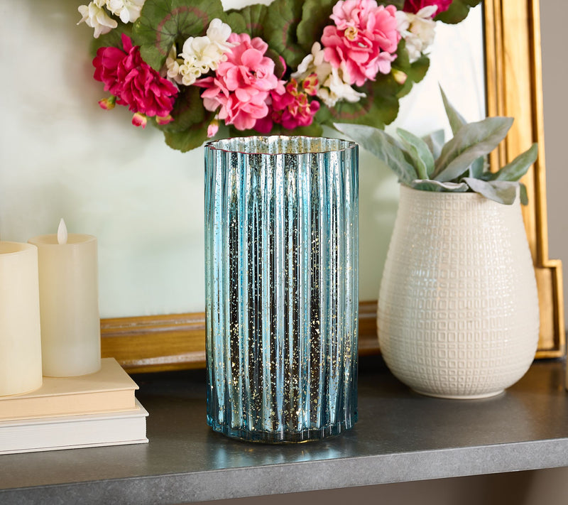 12" Oversized Illuminated Fluted Mercury Glass Hurricane by Valerie — View 4