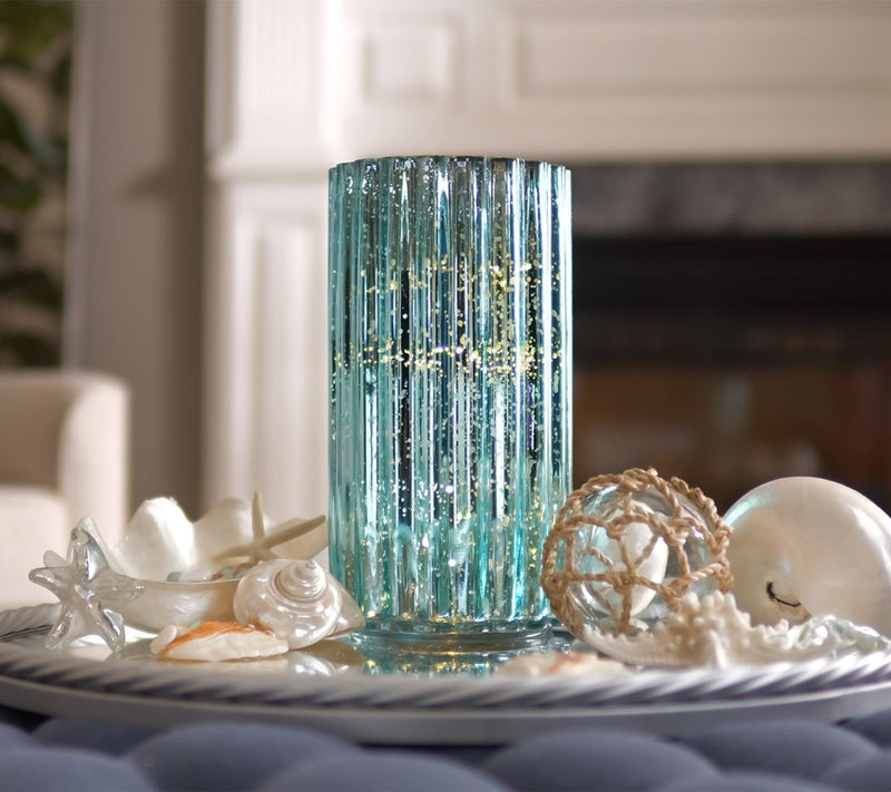 12" Oversized Illuminated Fluted Mercury Glass Hurricane by Valerie — View 34