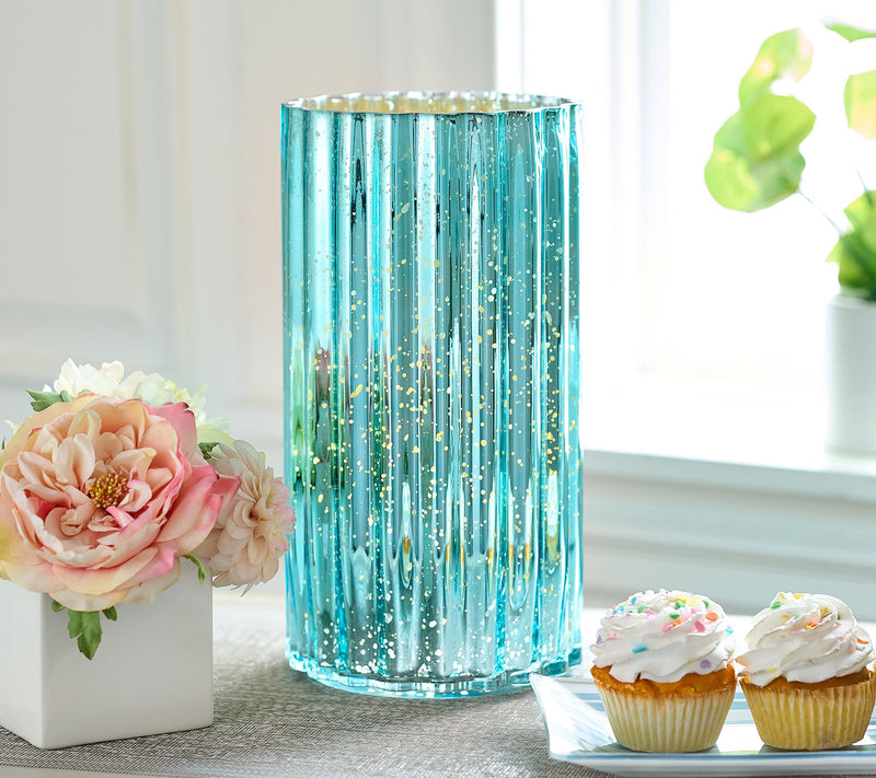 12" Oversized Illuminated Fluted Mercury Glass Hurricane by Valerie — View 7