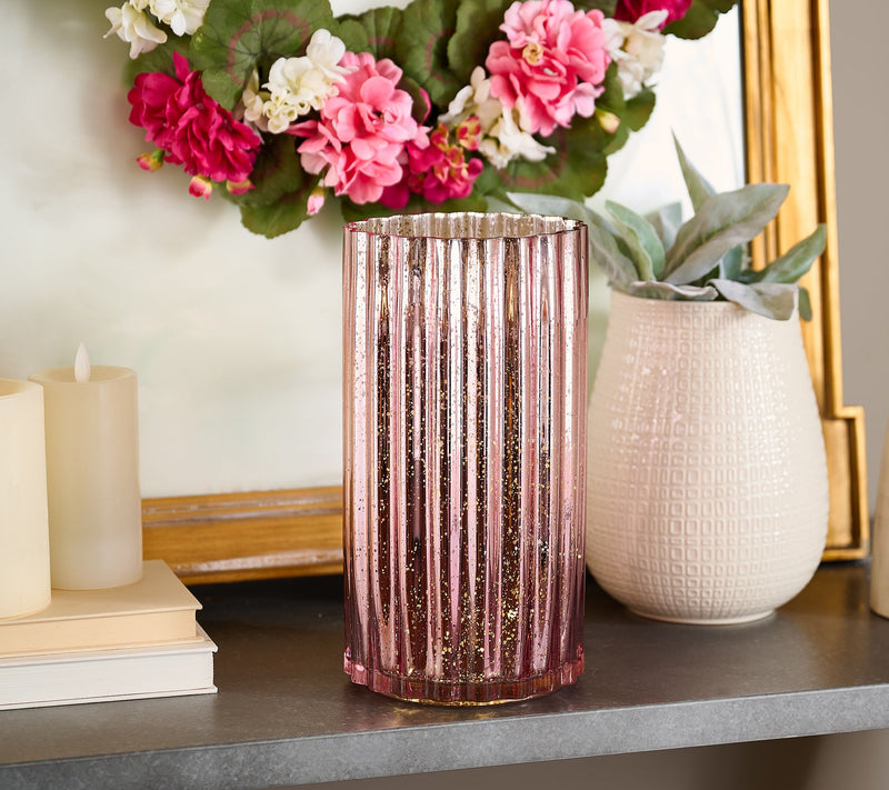 12" Oversized Illuminated Fluted Mercury Glass Hurricane by Valerie — View 21