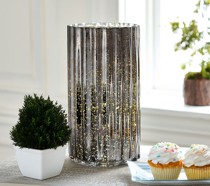 12" Oversized Illuminated Fluted Mercury Glass Hurricane by Valerie — View 10