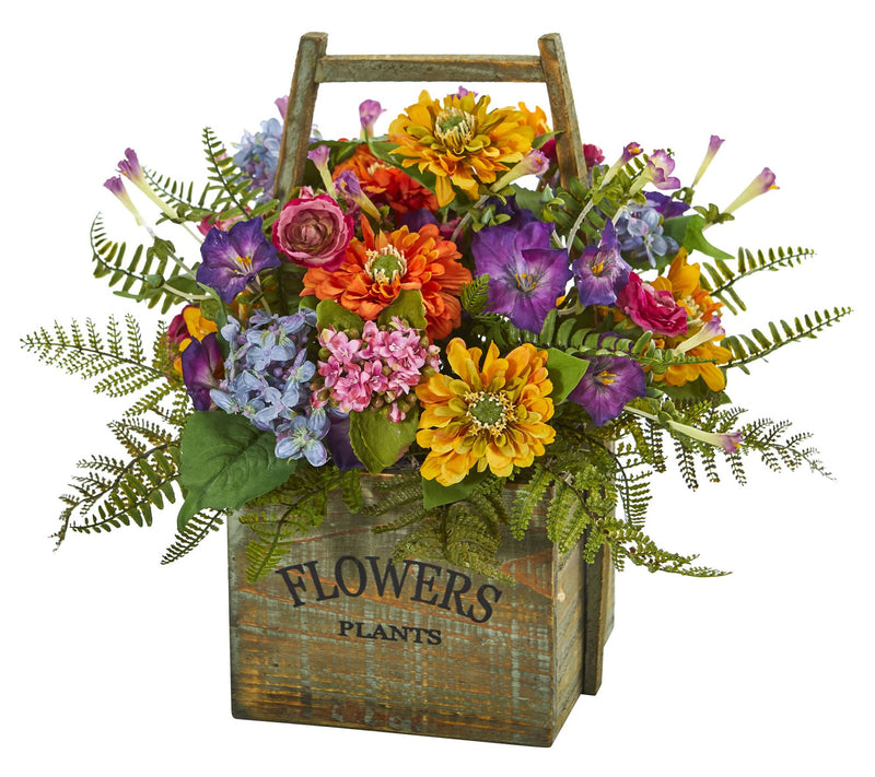 Mixed Floral Arrangement in Wood Basket by Near ly Natural — View 3