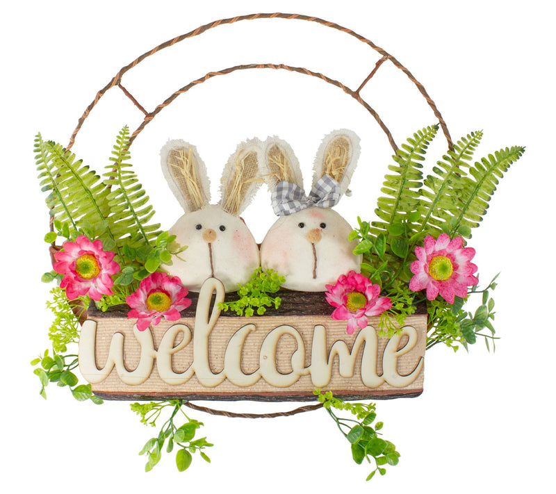 Northlight Rabbit Couple Floral Spring "Welcome " Wreath 19" — View 3