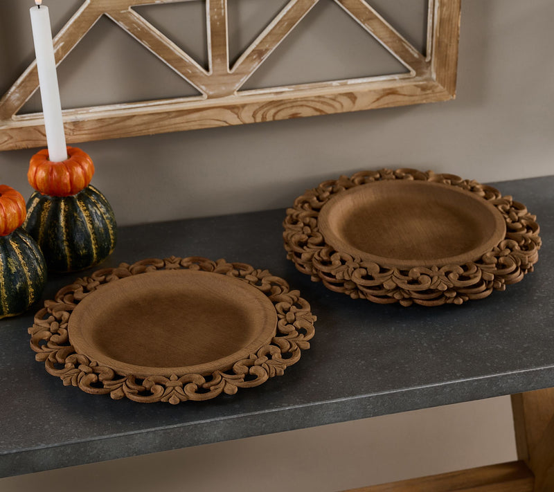Set of 4 13" Wooden Chargers with Scroll Design by Valerie — Main view