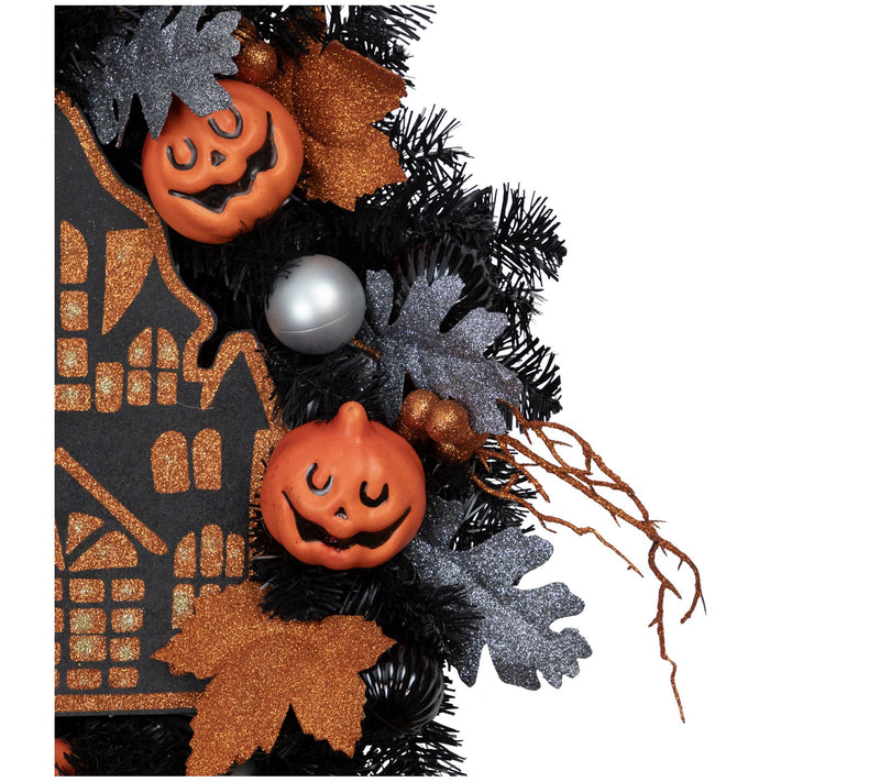 Northlight Orange & Black Haunted House Hallowe en Wreath 24" — View 4