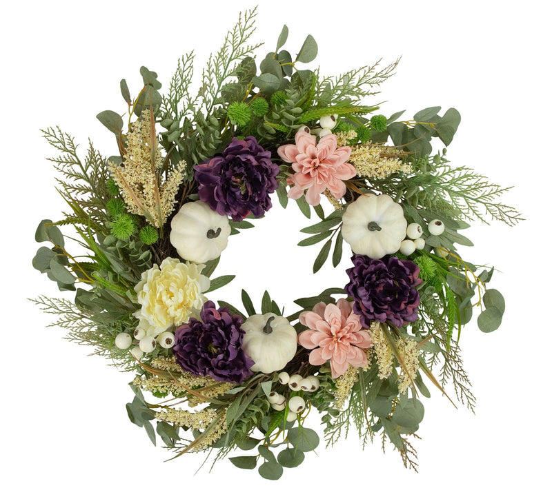 Northlight Peony & Pumpkin Fall Harvest Wreath 24" — View 3