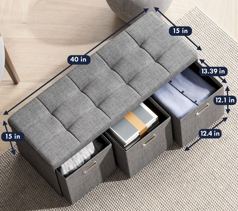 Ornavo Home Foldable Storage Long Bench Ottomaw/ 3 Drawers — View 7