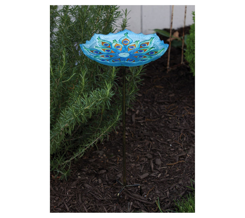 Evergreen Peacock Birdbath on Garden Stake — View 4