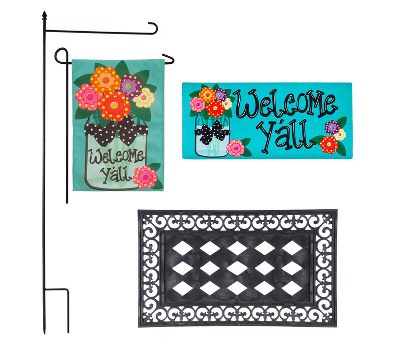 Evergreen Welcome Y'all Burlap Garden Flag & Sasafras Mat Set — Main view