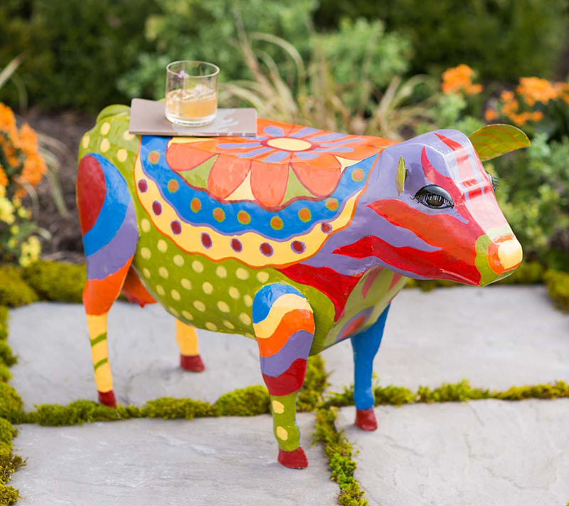 Plow & Hearth Handmade Colorful Painted Cow Metal Side Table — View 6