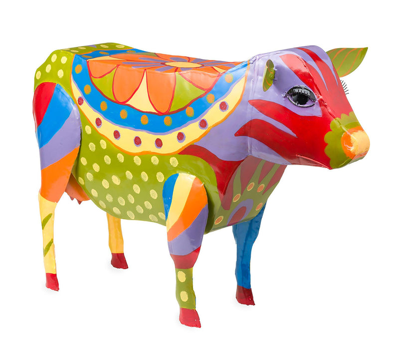 Plow & Hearth Handmade Colorful Painted Cow Metal Side Table — Main view