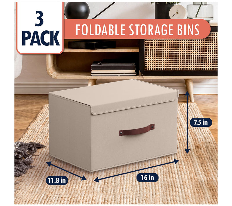 Ornavo Home 3 PK Linen Storage Bins with Leather Handles — View 9