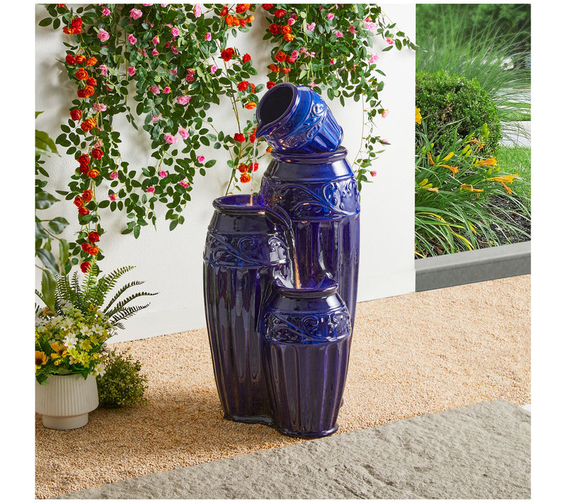 Glitzhome Spilling Urns Cobalt Blue Embossed Pattern Fountain — View 7