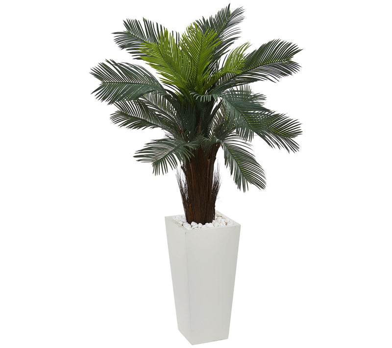 Nearly Natural 4.5' Cycas Faux Plant in White Tower Planter — View 3