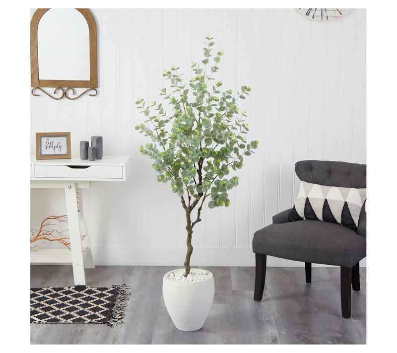 Nearly Natural 63" Eucalyptus Faux Tree in White Planter — View 6