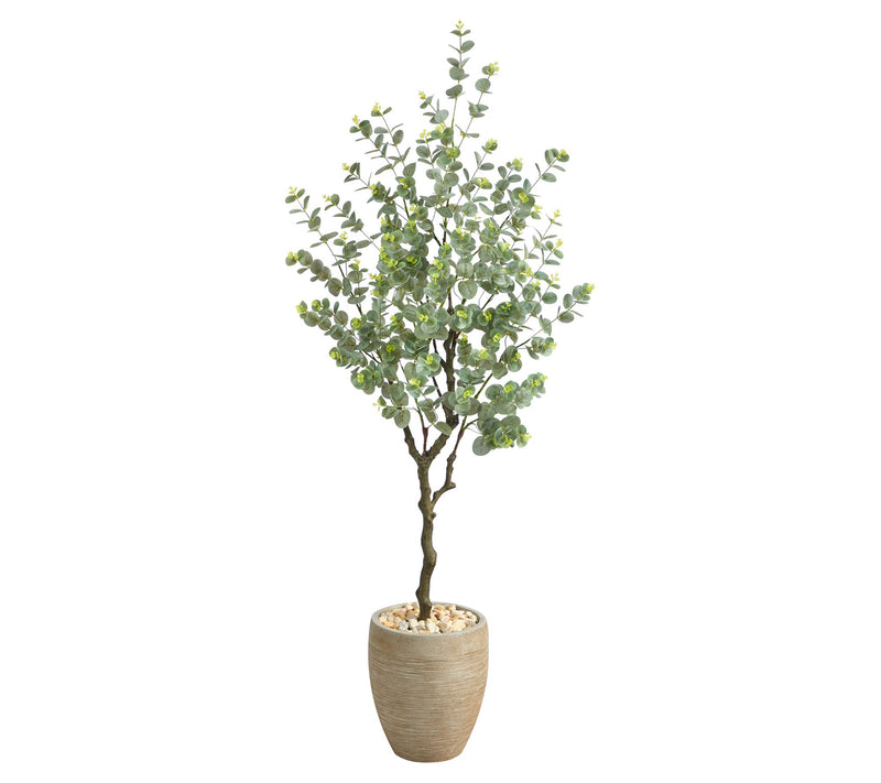 Nearly Natural 5' Eucalyptus Faux Tree in Sandstone Planter — View 3
