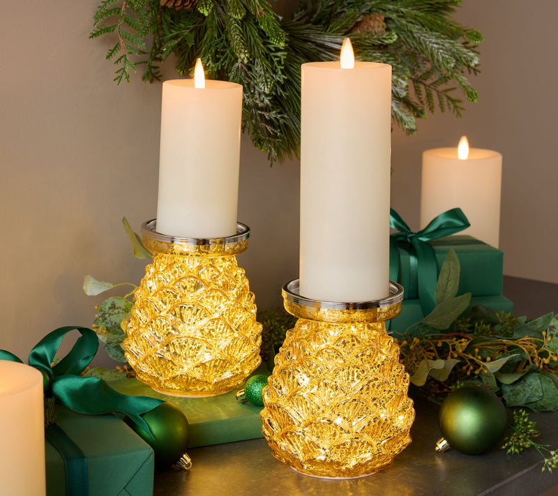 Set of 2 Lit Mercury Glass Pinecone Pedestals by Valerie — View 4