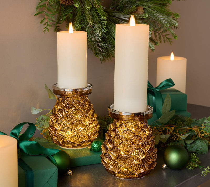 Set of 2 Lit Mercury Glass Pinecone Pedestals by Valerie — View 5