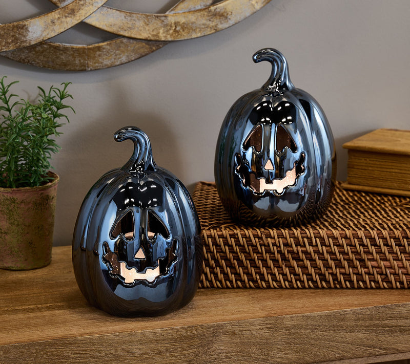 Set of 2 7" Illuminated Ceramic Jack-O-Lanterns by Valerie — Main view