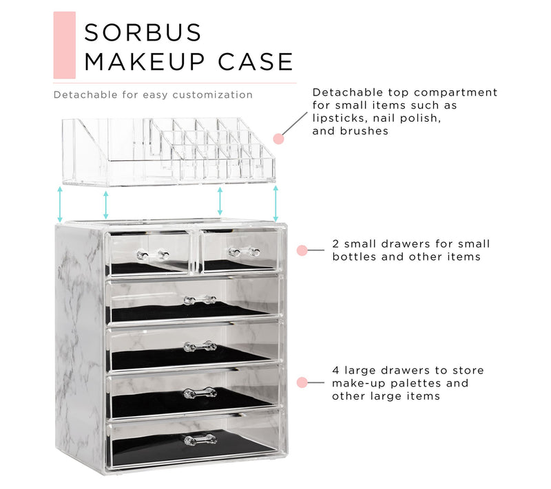 Sorbus Marble Makeup Case - 4 Large / 2 Small Drawers — View 4