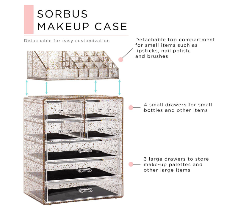 Sorbus Glitter Makeup Case- 3 Large / 4 Small Drawers — View 5