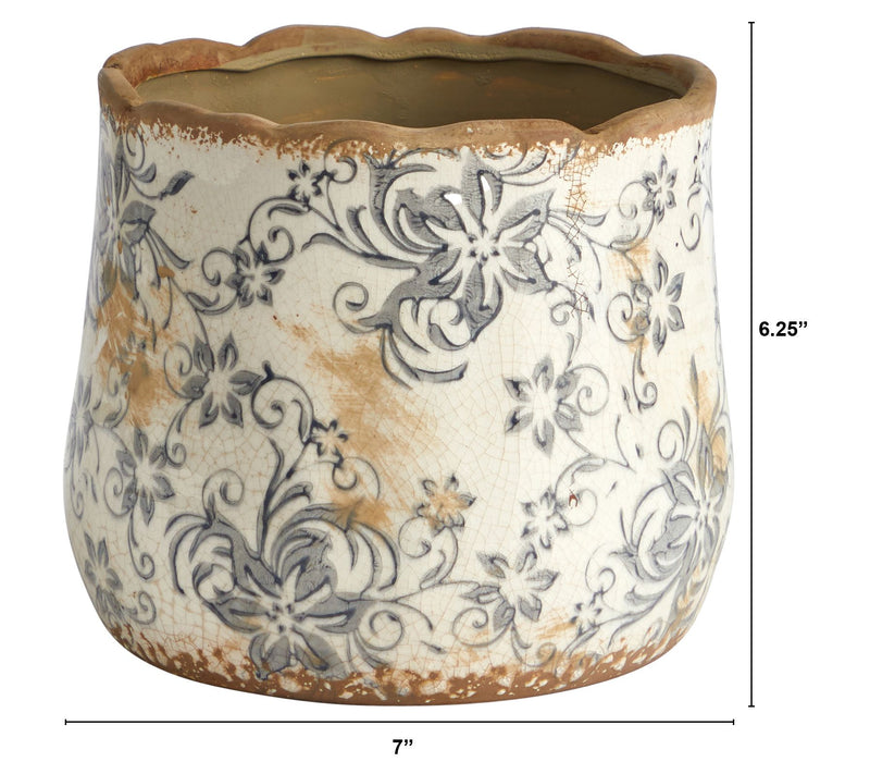 Nearly Natural 7" Tuscan Ceramic Gray Scroll Planter — View 2