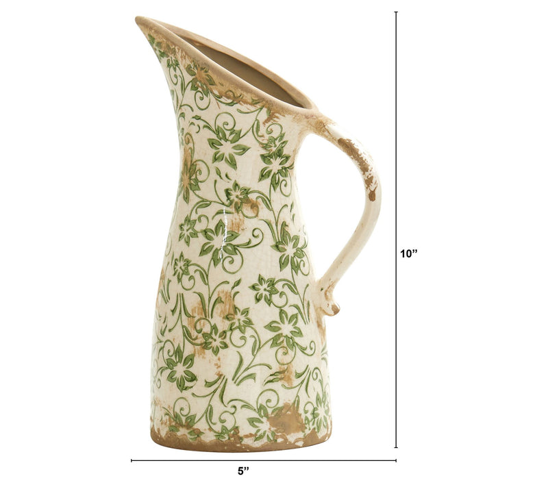 Nearly Natural 10" Tuscan Ceramic Green Scrolltcher Vase — View 2