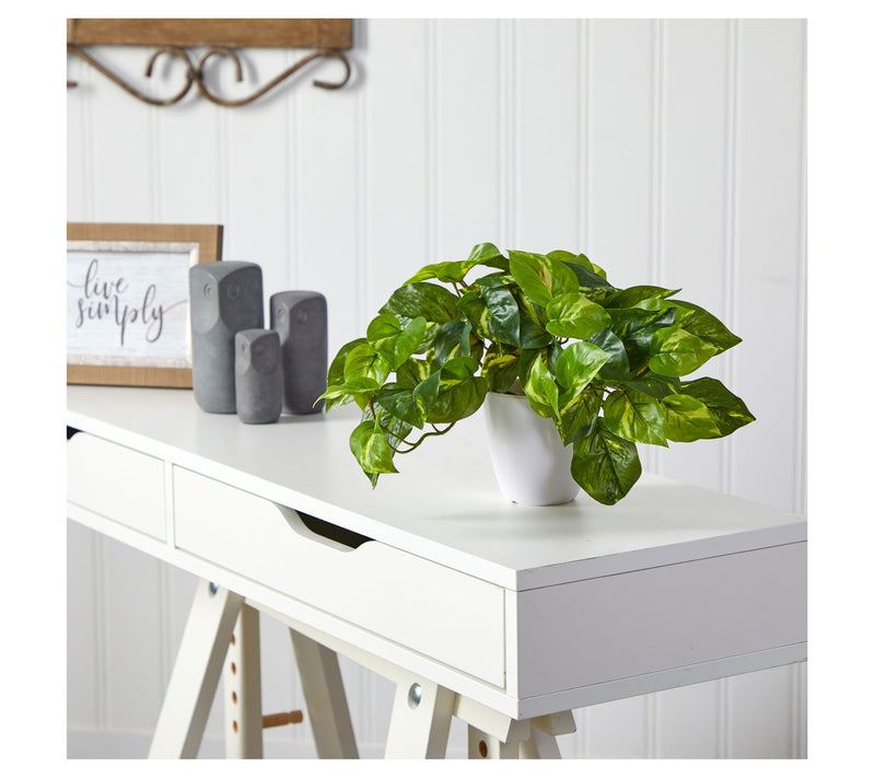 Nearly Natural 9" Pothos Artificial Plant in White Planter — View 4