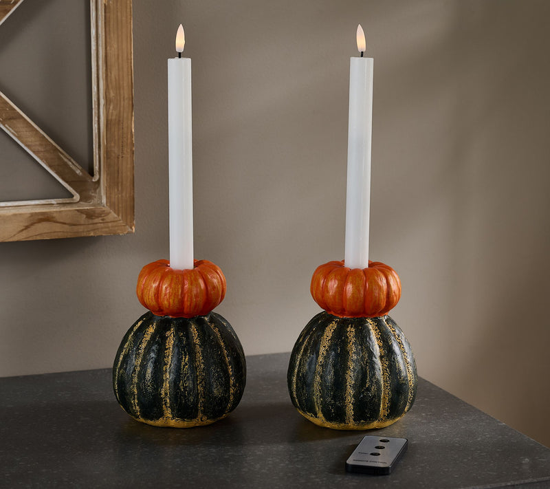 Hay & Harvest S/2 Pumpkin Candle Holders w/ Flameless Tapers — View 4