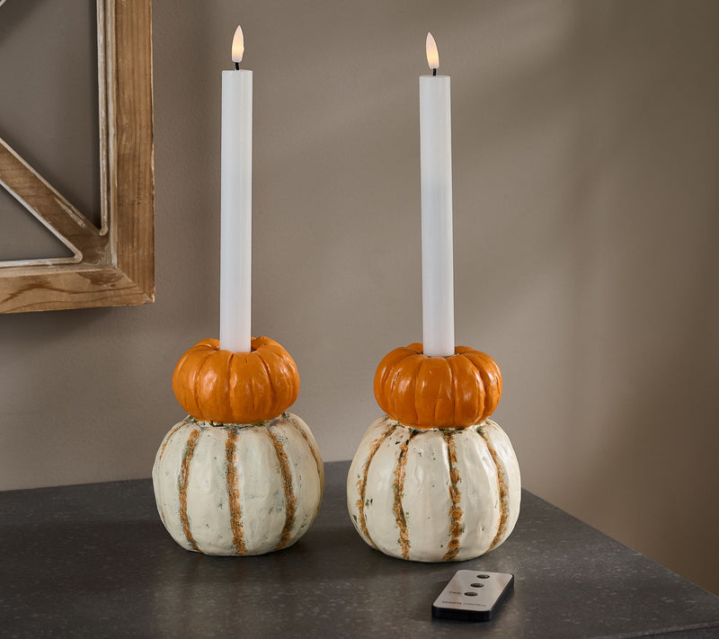 Hay & Harvest S/2 Pumpkin Candle Holders w/ Flameless Tapers — View 5