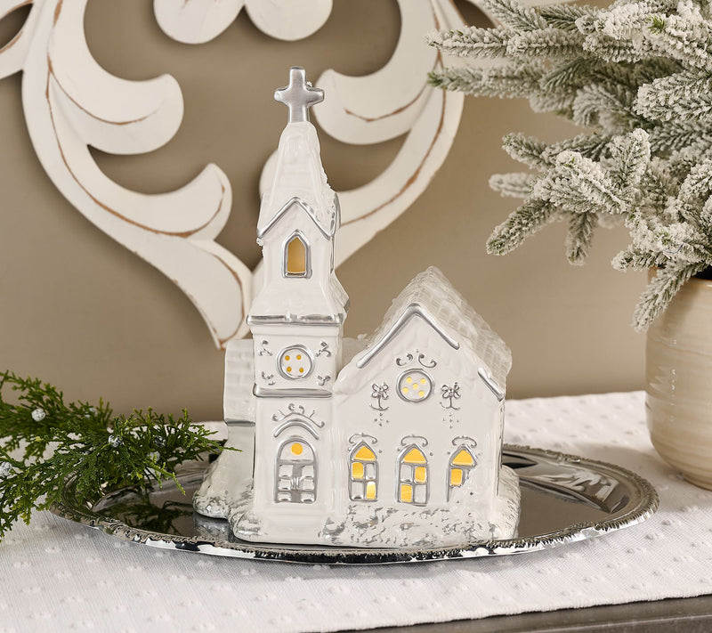 Illuminated Ceramic Church with Metallic Detail by Valerie — View 5
