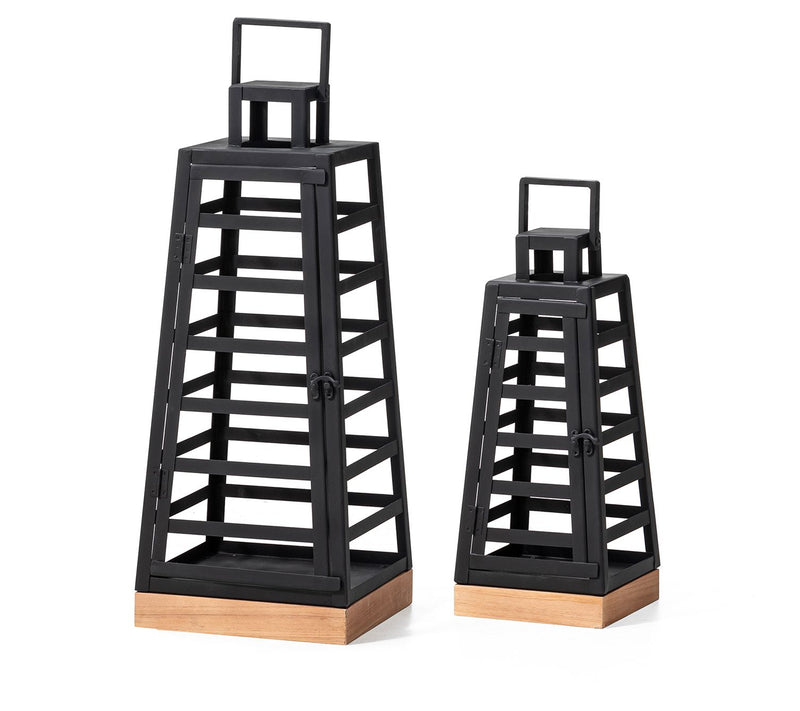 Glitzhome Set of 2 Modern Trapezoid Metal & Wood Lanterns — Main view